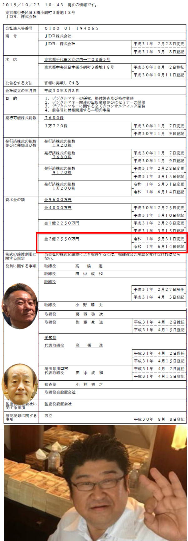週刊報道サイト、仮想通貨ワンコインは上場して数百倍の価値になるのか？ その７６  ＪＤＲ．株式会社（東京都中央区日本橋小網町３番地１８号、代表取締役：田中成和、取締役会長：小野明夫、取締役社長：高橋進、取締役：葛西啓次、取締役：佐藤永道、監査役：小林秀之  ...